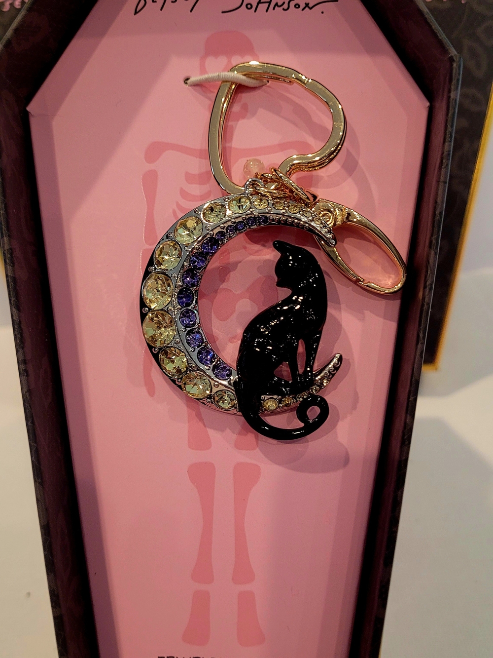 Betsey Johnson Black Cat Moon Keychain with Gold and Purple Rhinestones